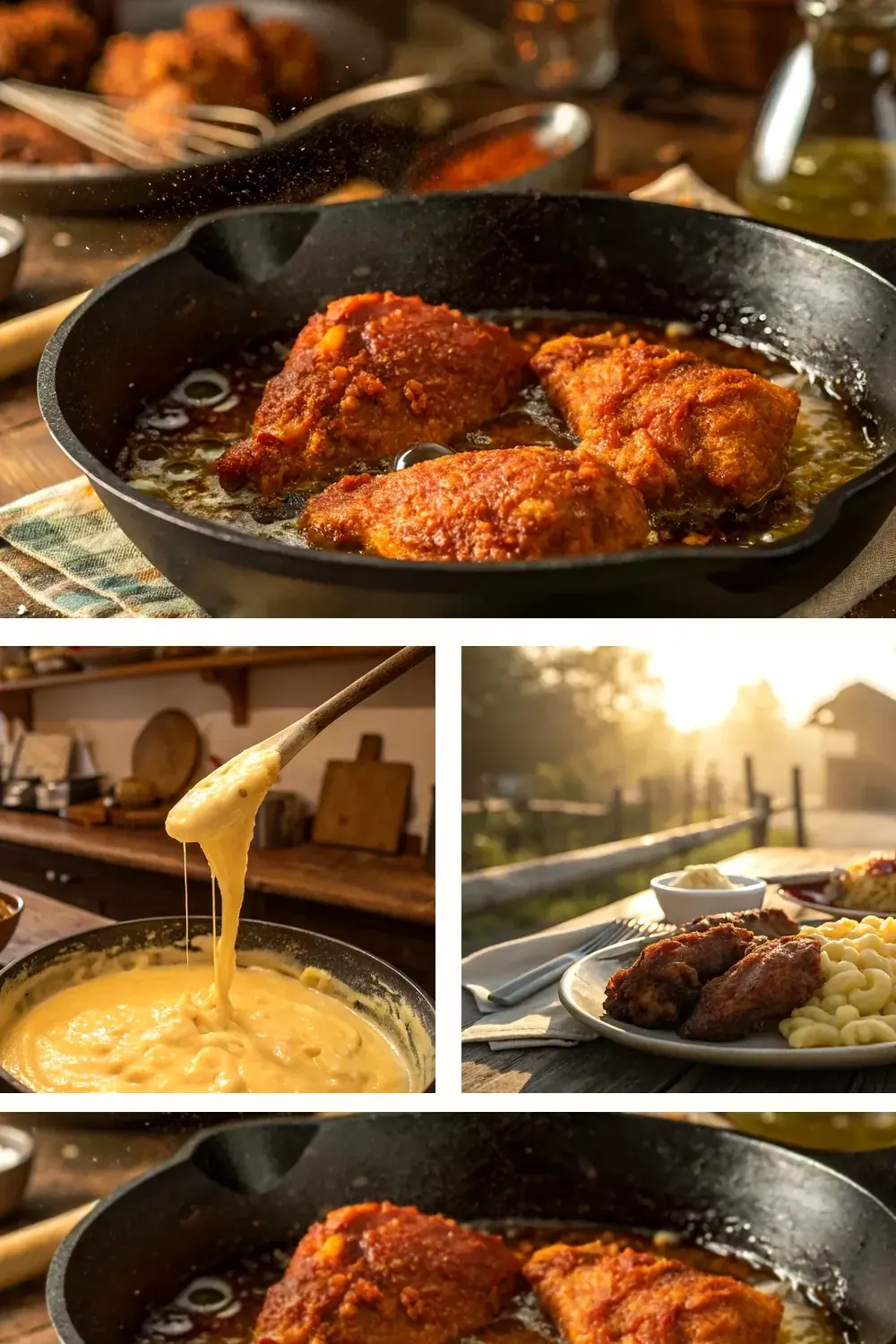 Nashville Chicken with Mac and Cheese styled vertically for saving and sharing