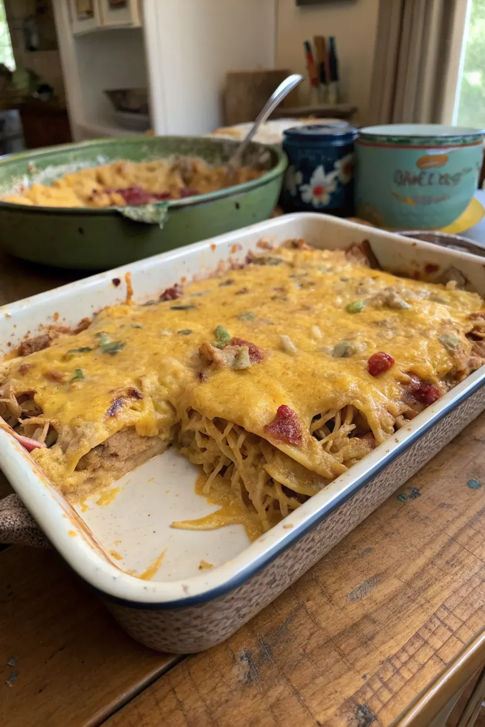 King Ranch Chicken casserole vertical view, golden cheese top, save for Sunday supper or potluck