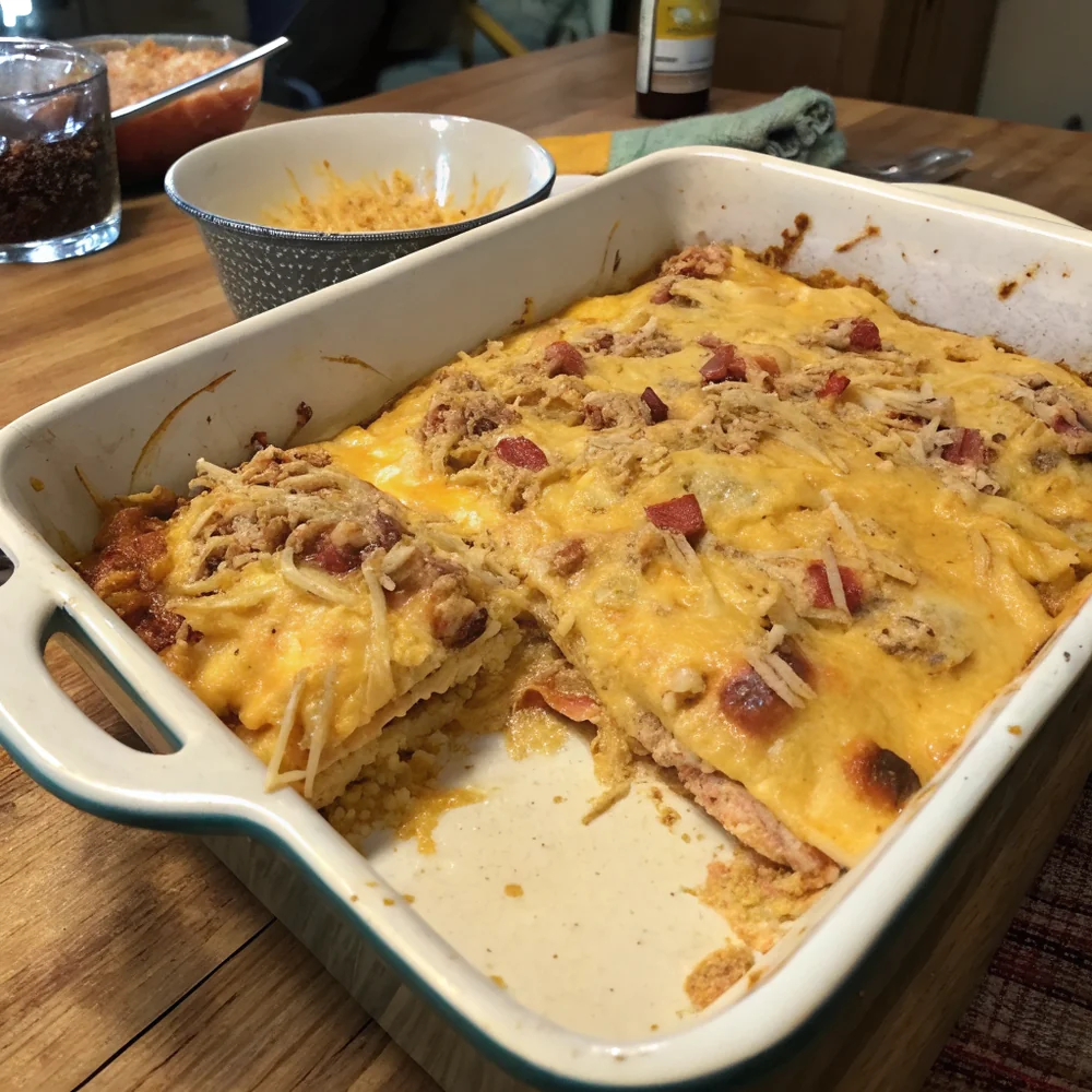 Overhead view of a whole King Ranch Chicken casserole on a Texas family table with a side of refried beans and a glass of iced tea
