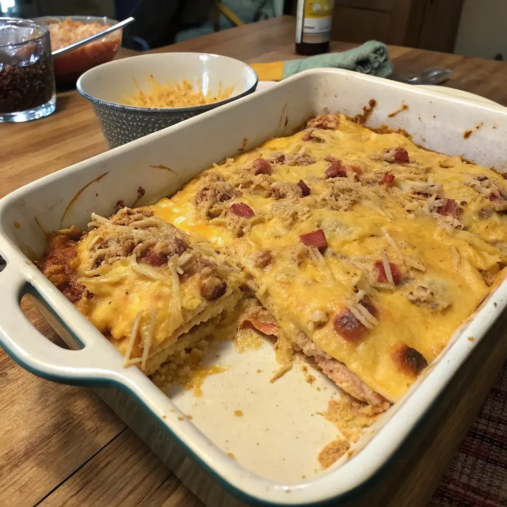 Overhead view of a whole King Ranch Chicken casserole on a Texas family table with a side of refried beans and a glass of iced tea
