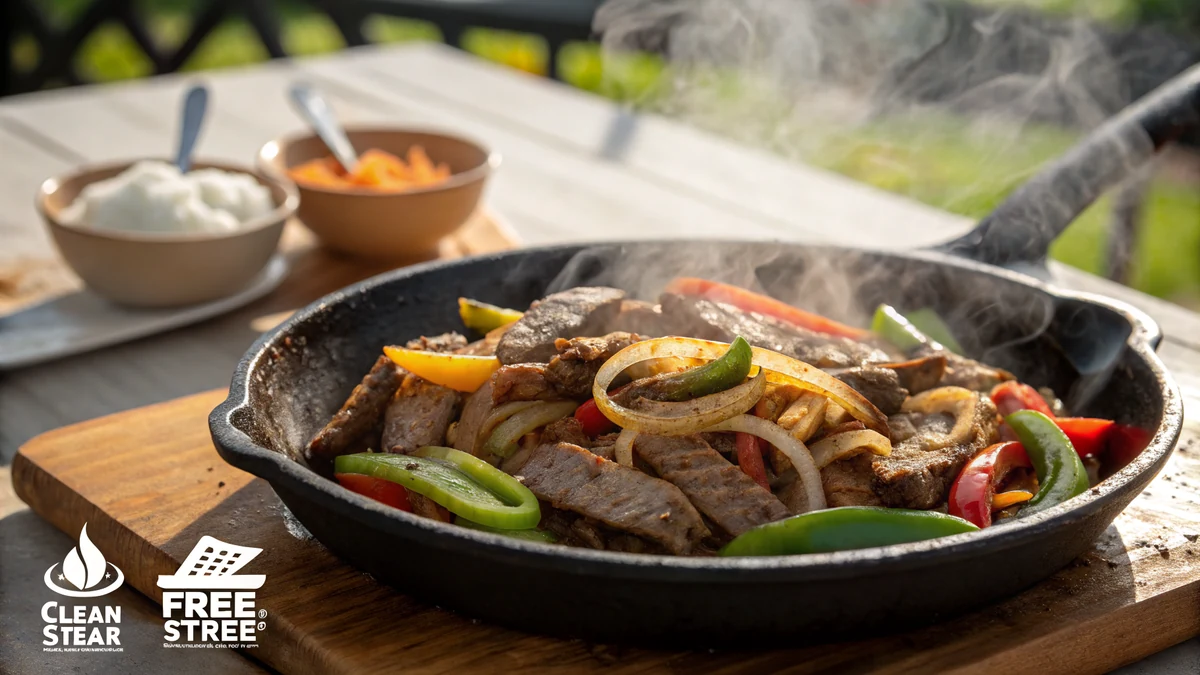 Photorealistic sizzling cast iron skillet of sliced beef fajitas with charred onions and peppers, steam rising, Tex-Mex style, no text