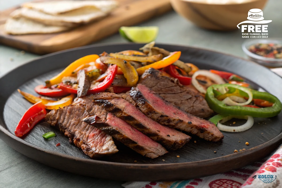 Close-up of thin-sliced medium-rare fajita skirt steak with charred edges piled with grilled bell peppers and onions on a dark plate