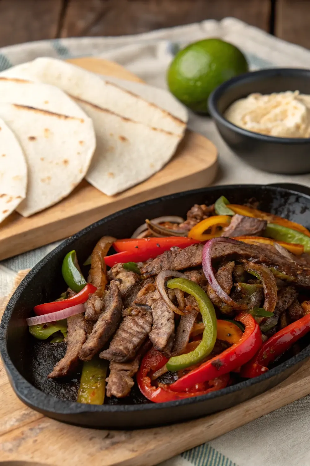 Vertical photo of sizzling sliced beef fajitas with charred peppers and onions on a cast iron skillet beside warm flour tortillas, Tex-Mex