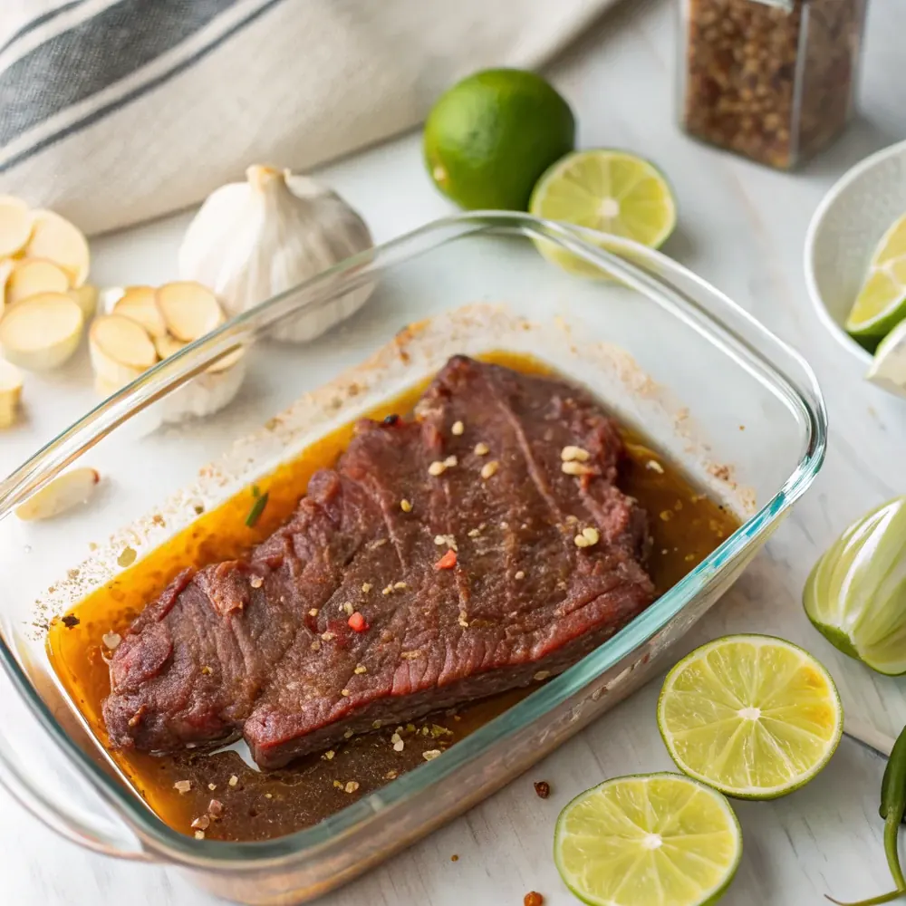 Overhead shot of skirt steak marinating in citrus and soy marinade in a glass dish with lime halves and garlic cloves