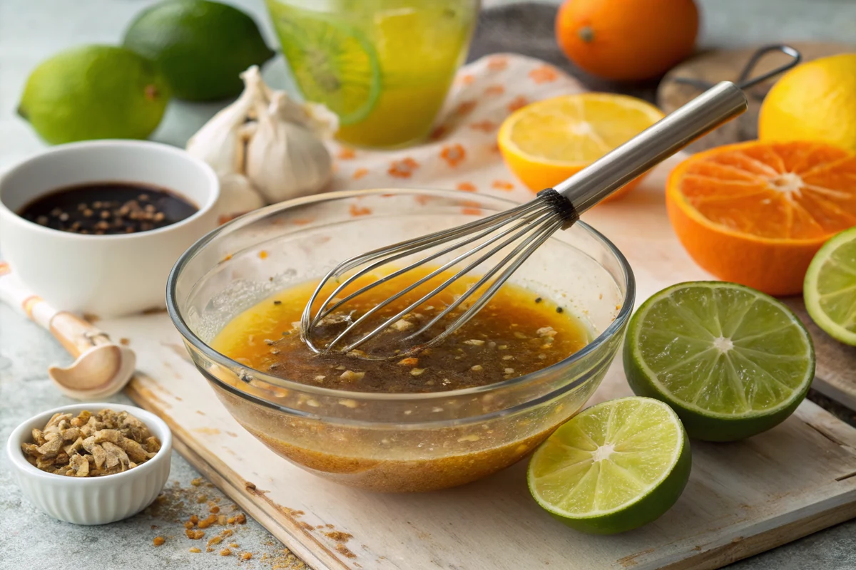 Fresh lime and orange juice, soy sauce, garlic, and cumin being whisked into a citrus fajita marinade in a glass bowl