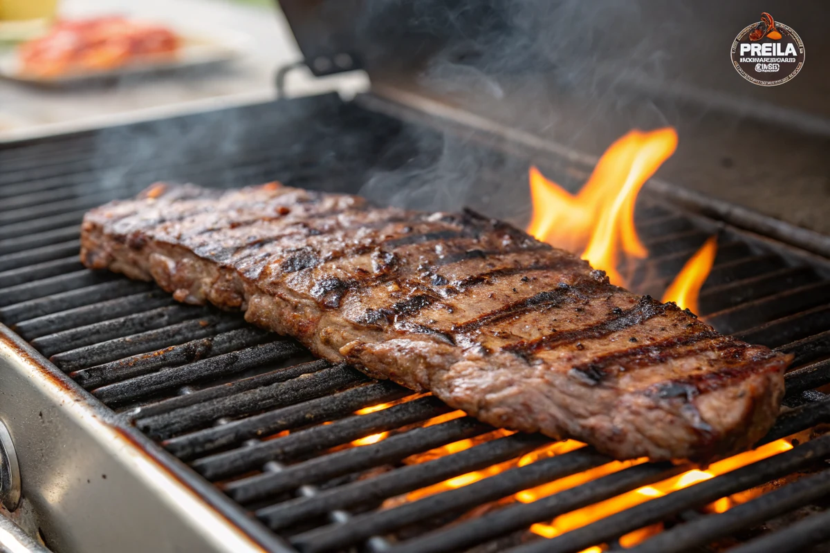 Marinated skirt steak searing on a screaming hot grill with deep char marks and flames licking the edges