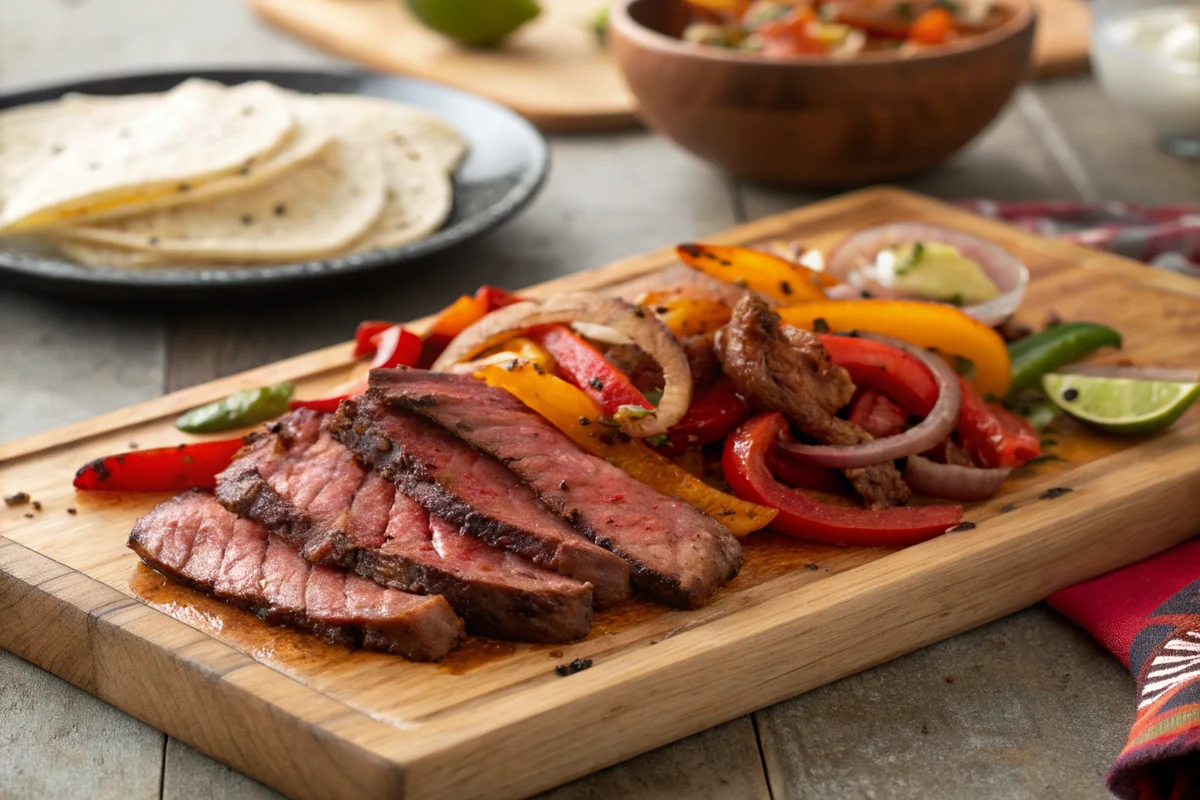 Thin slices of medium-rare fajita beef cut against the grain piled with charred bell peppers and onions on a wooden board