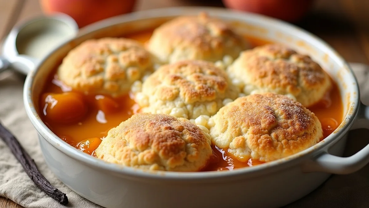 Texas peach cobbler in a white ceramic baking dish with golden buttermilk biscuit drops on top, deep amber peach filling bubbling at the edges, fresh peach slices and vanilla bean visible
