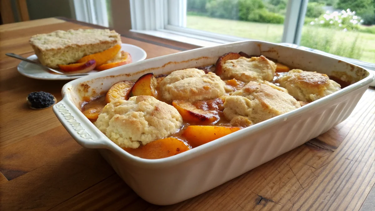 Texas Peach Cobbler recipe by Chef Mia, photographed in a natural light Texas kitchen