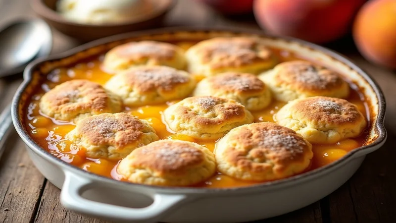 Close-up of a single biscuit drop on the cobbler showing the flaky tender interior steam-cooked from the peach juice below and the sparkling sugar crust on top