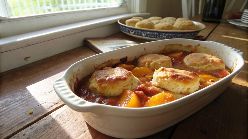 Close-up of a single biscuit drop on the cobbler showing the flaky tender interior steam-cooked from the peach juice below and the sparkling sugar crust on top