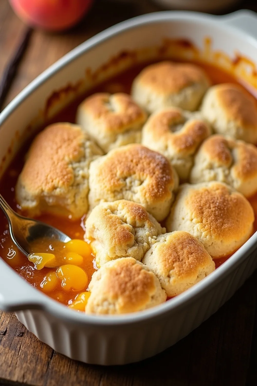 Texas peach cobbler Hill Country Stonewall recipe vertical view, save for July weekend dessert or Father's Day BBQ