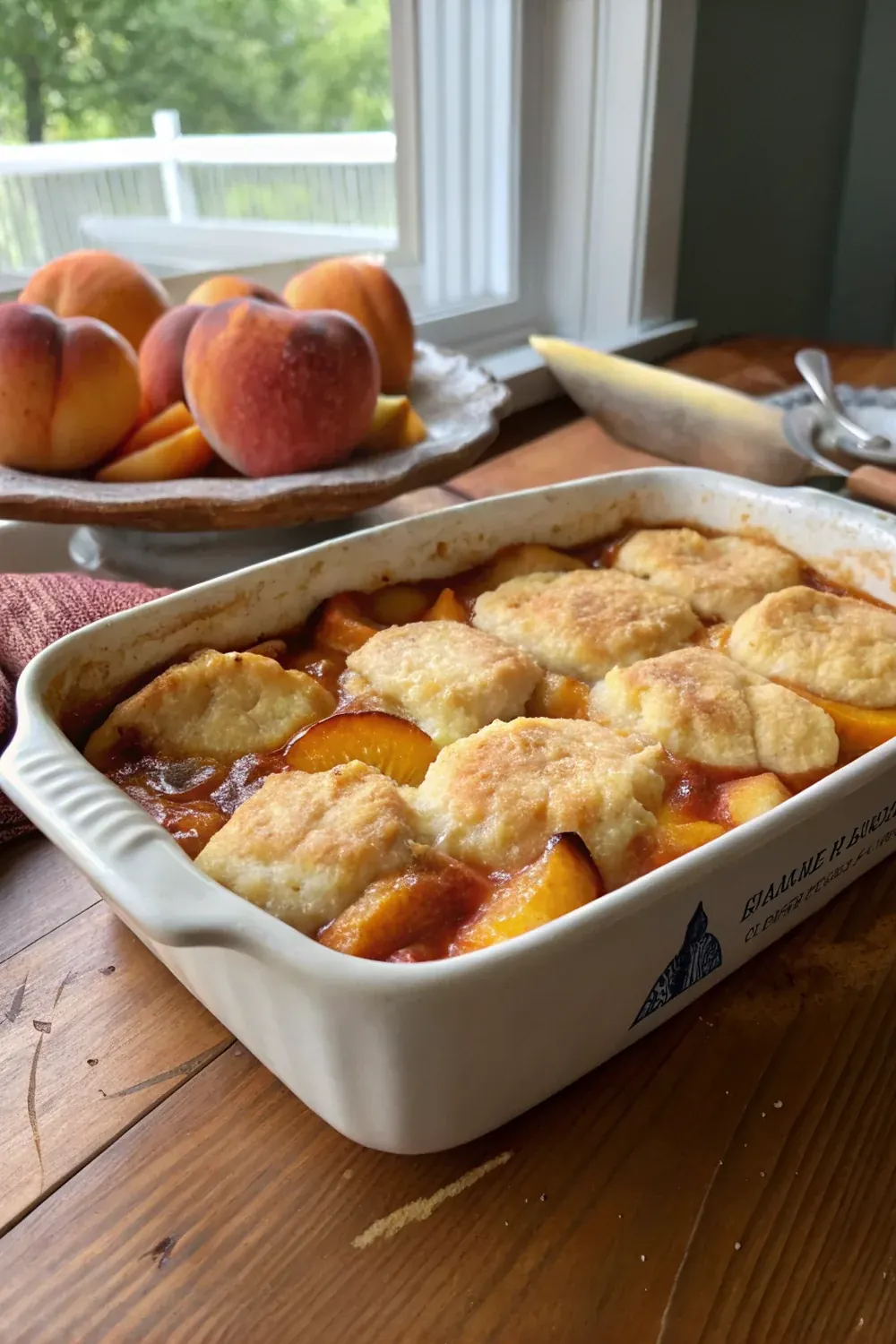 Texas peach cobbler Hill Country Stonewall recipe vertical view, save for July weekend dessert or Father's Day BBQ