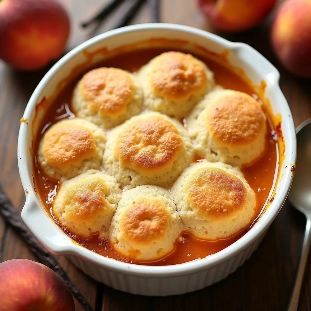 Overhead view of the peach cobbler in a Hill Country wooden table next to a basket of fresh Stonewall peaches, vanilla bean pods, and a scoop of vanilla bean ice cream melting on the side