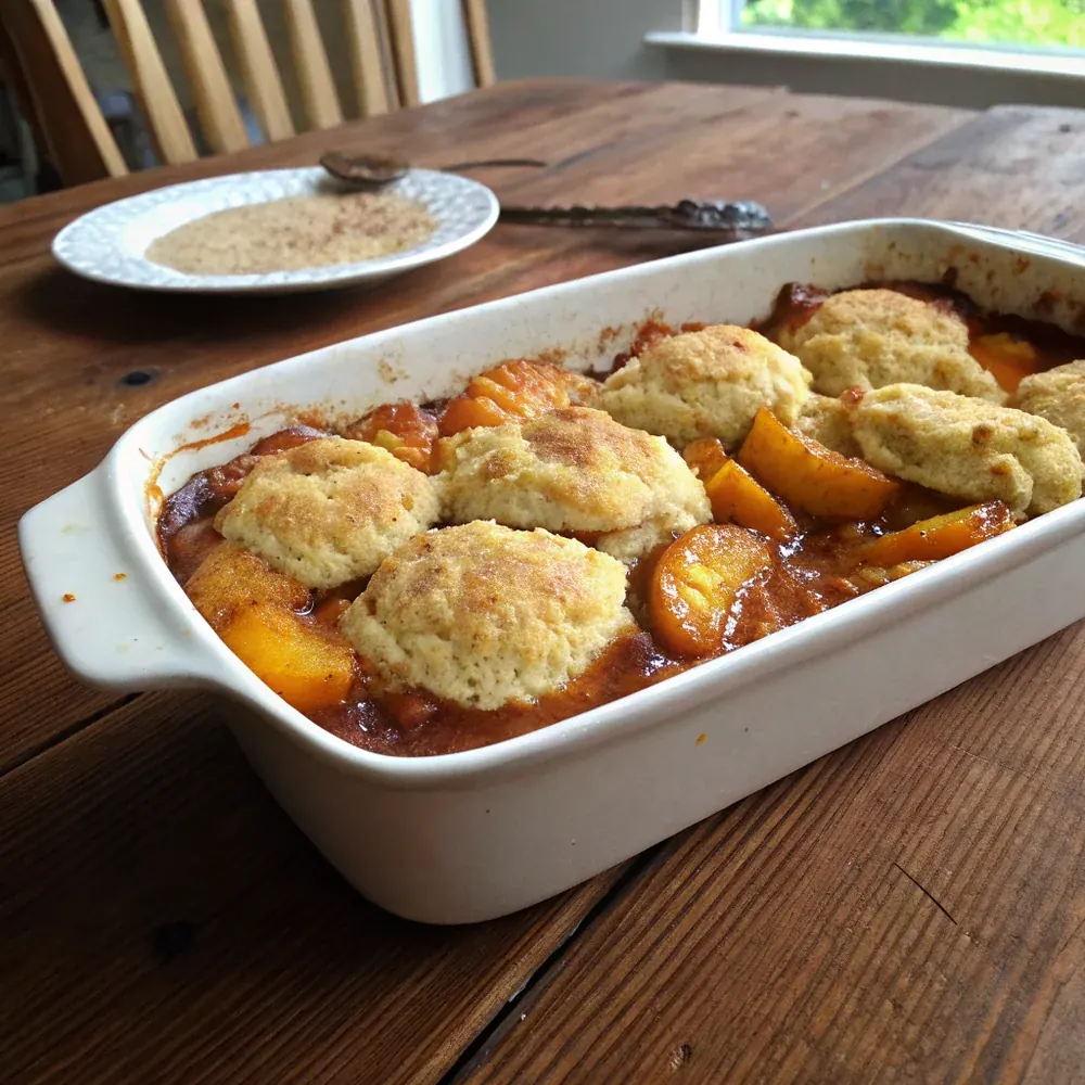 Overhead view of the peach cobbler in a Hill Country wooden table next to a basket of fresh Stonewall peaches, vanilla bean pods, and a scoop of vanilla bean ice cream melting on the side