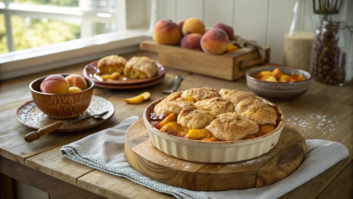 Peach Cobbler with Cake Mix recipe by Chef Mia, photographed in a natural light Texas kitchen