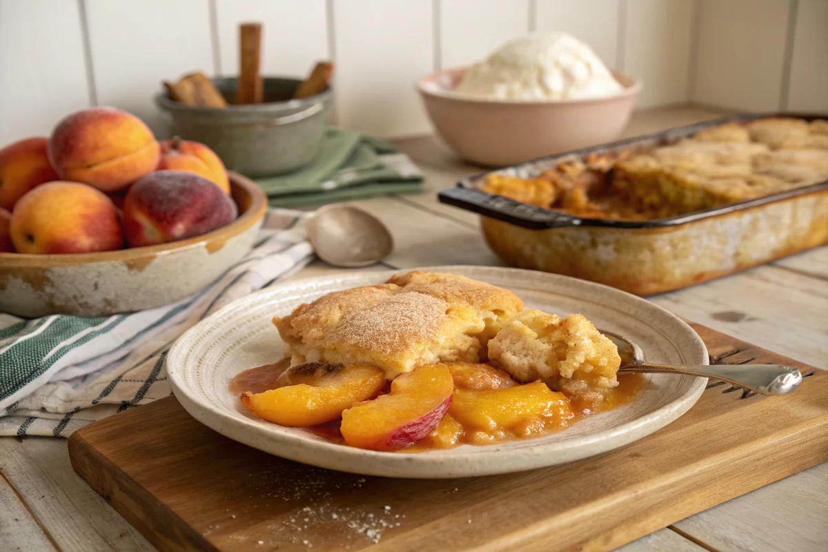Close-up of peach cobbler with cake mix showing the streusel-like crumb crust, glossy peach slices peeking through, and a dusting of cinnamon on top