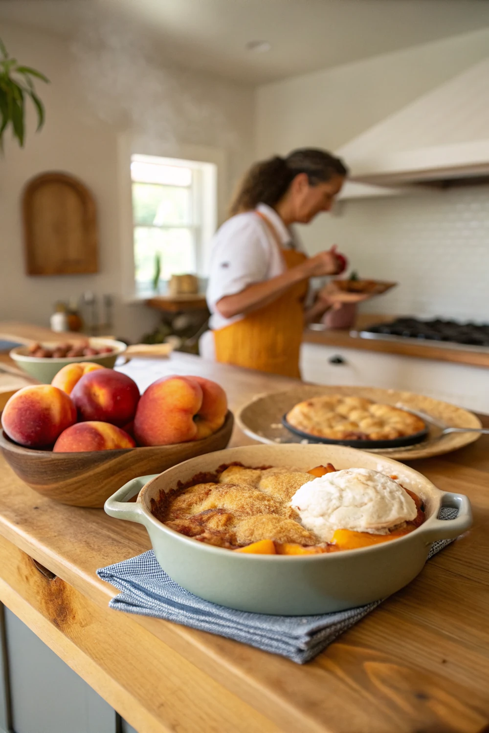 Vertical shot of cake-mix peach cobbler with the spoon pulling a wedge to show jammy peaches underneath, save this 4-ingredient Texas dump cake recipe