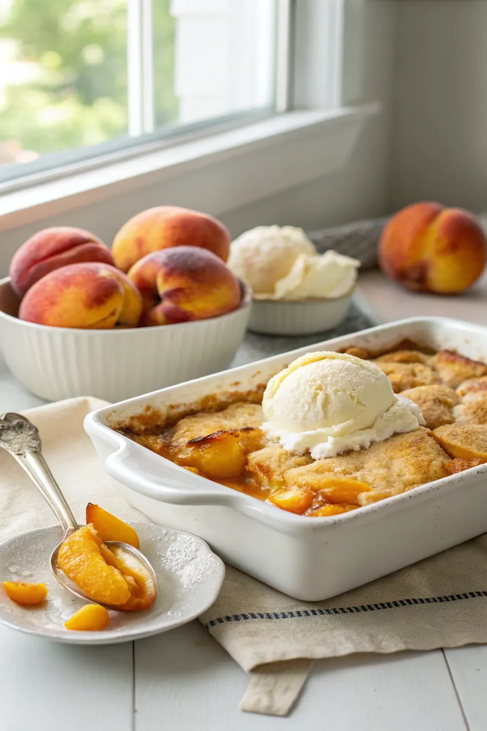 Vertical shot of cake-mix peach cobbler with the spoon pulling a wedge to show jammy peaches underneath, save this 4-ingredient Texas dump cake recipe