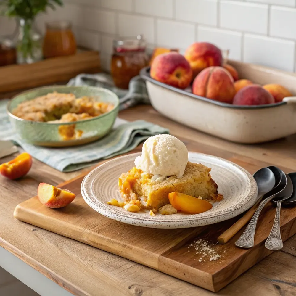 Overhead view of a peach cobbler dump cake on a Texas Hill Country wooden table with two bowls of vanilla ice cream on the side and a glass of iced tea