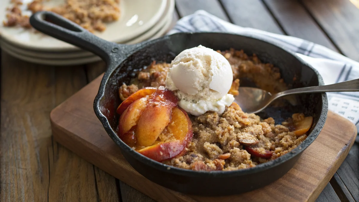 Peach Crumble recipe by Chef Mia, photographed in a natural light Texas kitchen