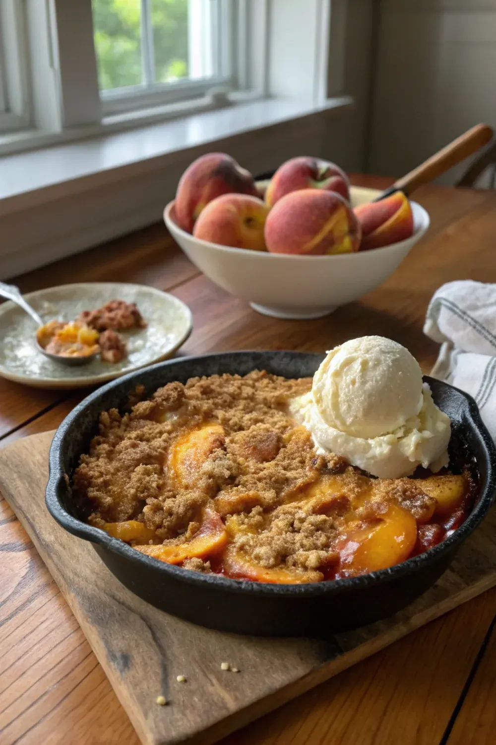 Texas peach crumble Stonewall peaches Hill Country summer recipe vertical view, save for July weekend dessert