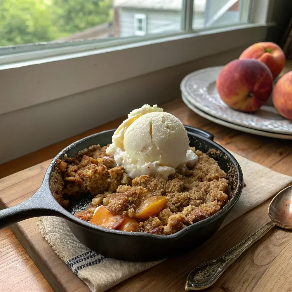 Overhead view of the peach crumble in a white ceramic baking dish on a wooden Texas table next to a basket of fresh Stonewall peaches