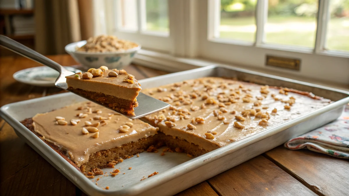 Peanut Butter Texas Sheet Cake recipe by Chef Mia, photographed in a natural light Texas kitchen