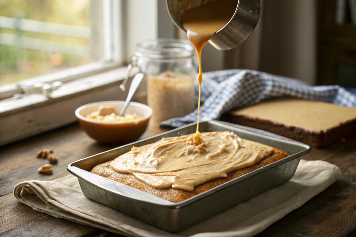 Warm peanut butter frosting being poured from a saucepan over a hot peanut butter sheet cake fresh from the oven