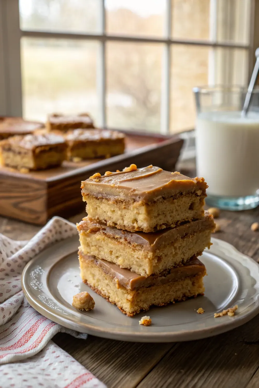 Vertical photo of peanut butter Texas sheet cake squares stacked on a plate, fudgy frosting visible, save this 1-pan Texas dessert recipe