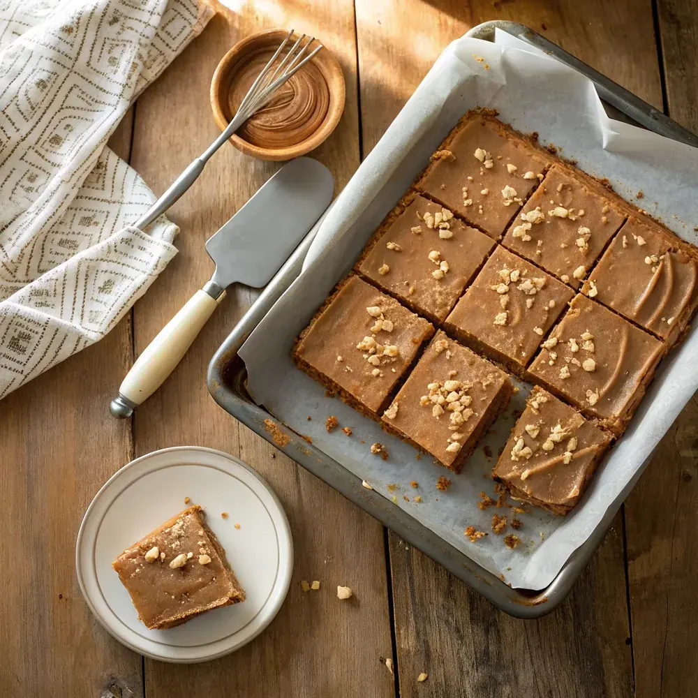 Overhead view of sliced peanut butter Texas sheet cake squares on parchment with a frosting-covered spatula beside the pan