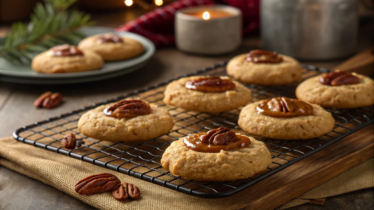 Pecan praline cookies on a cooling rack with caramelized brown butter color and pecan halves on top
