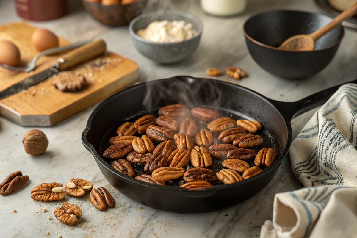 Toasting Texas pecans in a cast iron skillet for praline cookies