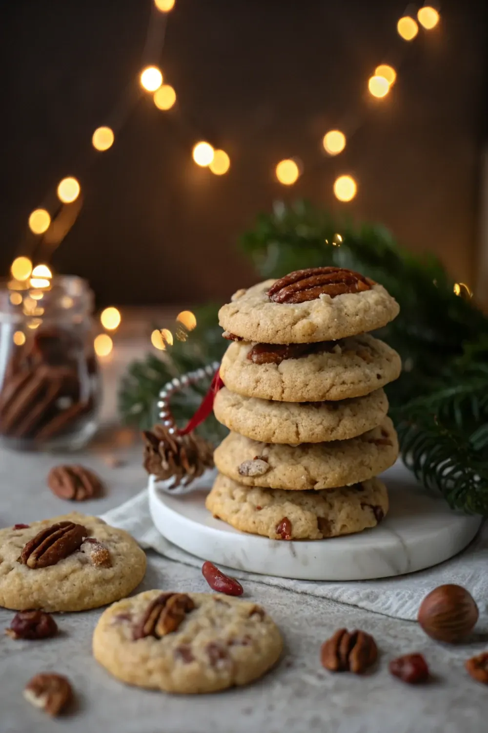 Vertical Pinterest pin of stacked Texas pecan praline cookies for holiday
