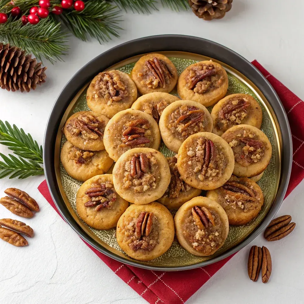 Top-down platter of pecan praline cookies arranged in concentric circles