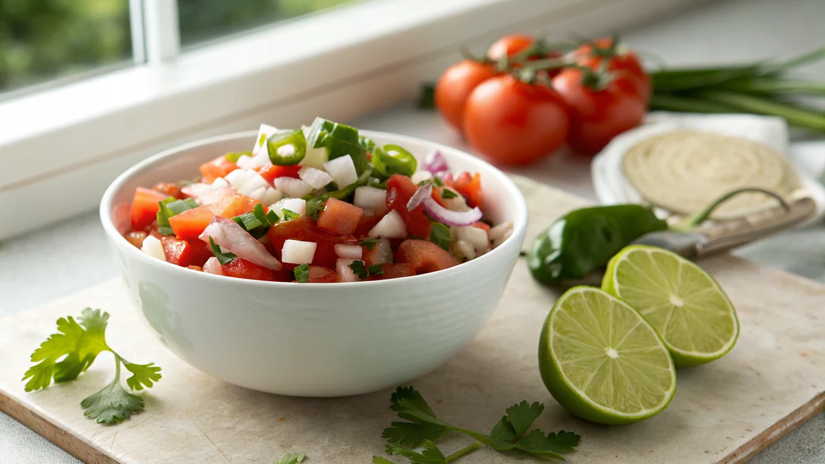 Bowl of fresh pico de gallo with visible quarter-inch dice of red tomato, white onion, green jalapeno and cilantro, lime wedges beside the bowl