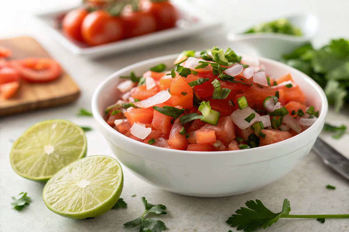 Close-up of pico de gallo showing distinct separate cubes of tomato, onion and jalapeno flecked with chopped cilantro, glistening with lime juice