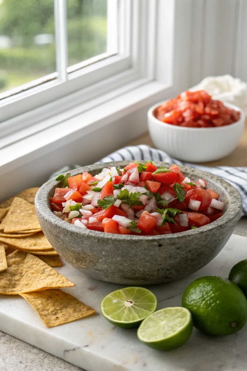 Vertical shot of a stone bowl piled with fresh hand-chopped pico de gallo, red tomato and white onion dice clearly visible, chips and limes below