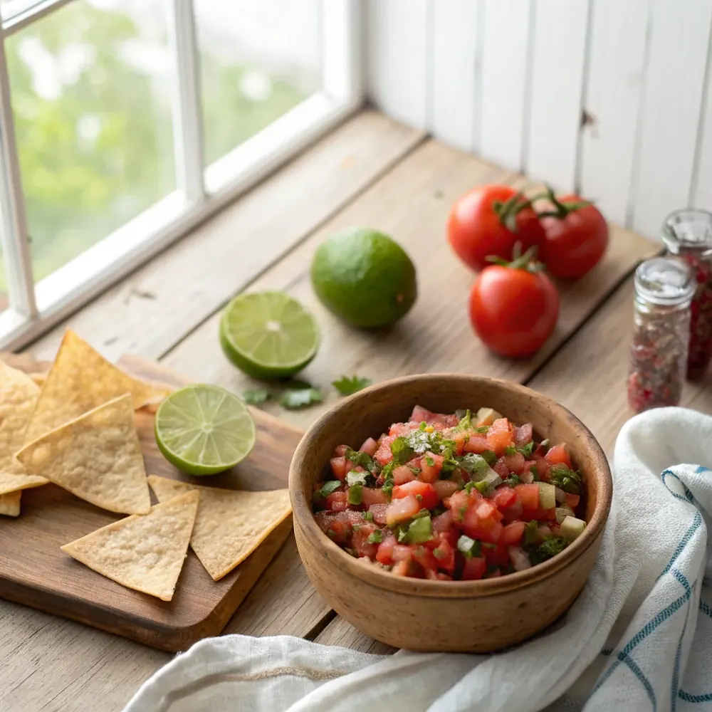 Overhead view of a rustic bowl of chunky pico de gallo surrounded by tortilla chips on a wooden table, whole limes and a ripe tomato nearby