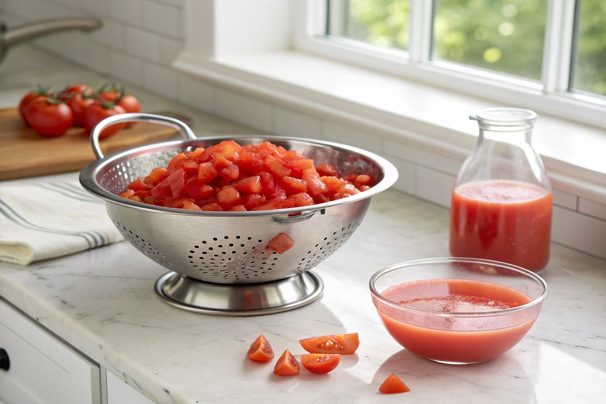 Diced roma tomatoes draining in a metal colander set over a glass bowl with released tomato juice visible below