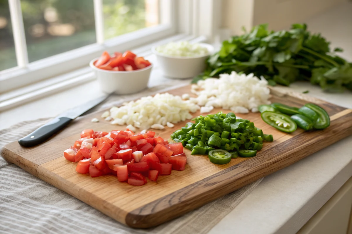 Wooden cutting board with neat separate piles of quarter inch diced tomato, diced white onion, minced jalapeno and chopped cilantro