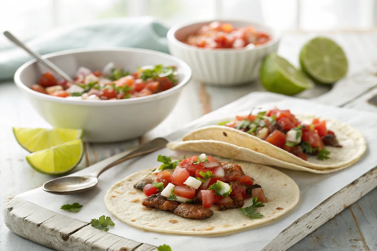 Breakfast tacos on flour tortillas topped with spoonfuls of fresh pico de gallo, a bowl of pico and lime wedges in the background
