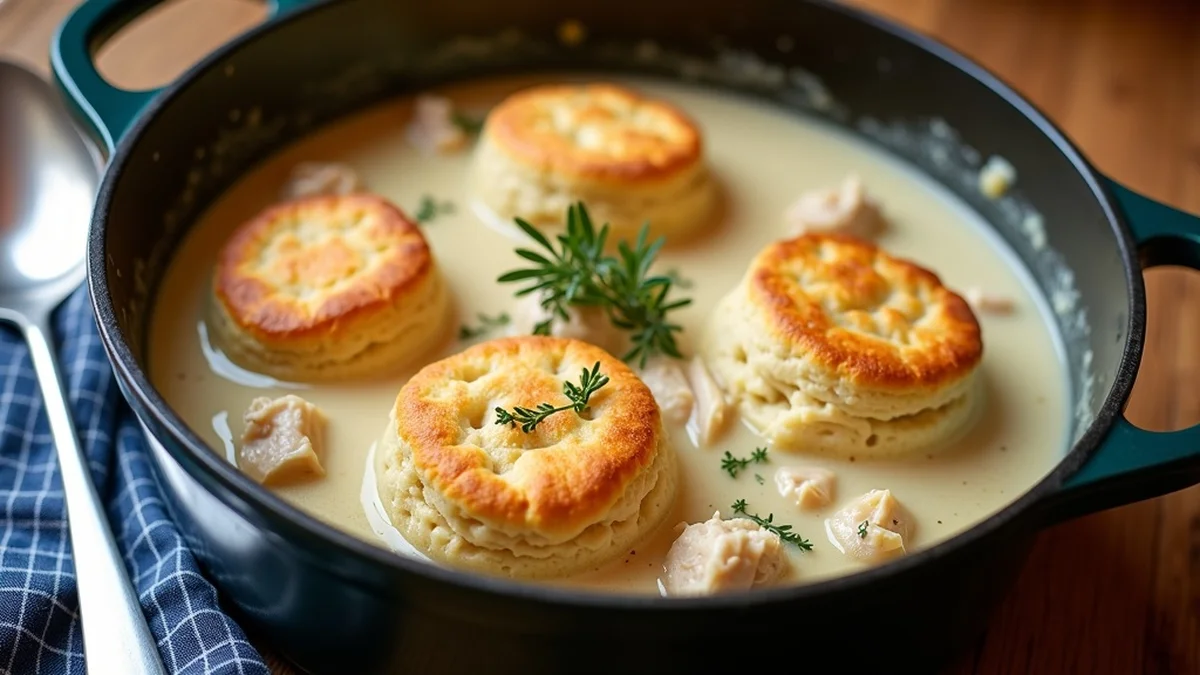 Texas chicken and dumplings in a deep enameled cast iron pot with golden buttermilk drop biscuits floating on top of creamy chicken broth, fresh thyme garnish