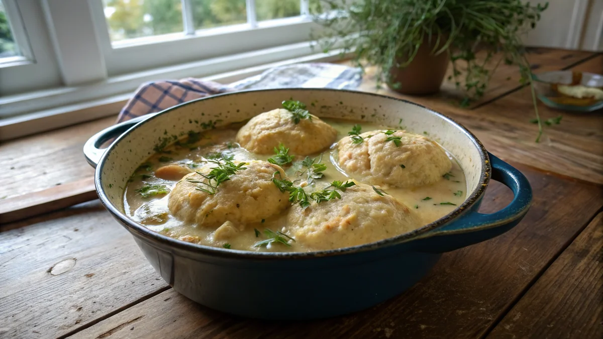 Chicken and Dumplings recipe by Chef Mia, photographed in a natural light Texas kitchen
