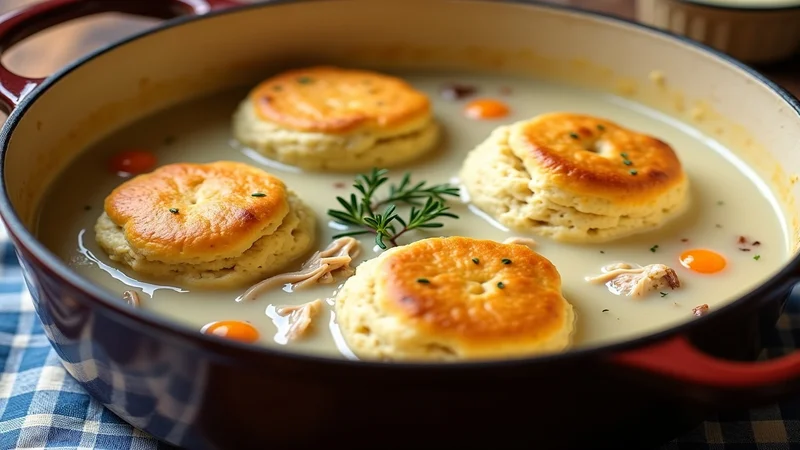 Close-up of a single drop biscuit half-submerged in chicken broth, showing the tender steam-cooked interior and the broth saturating the biscuit edges