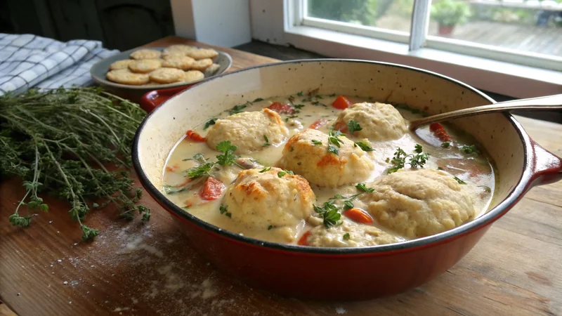 Close-up of a single drop biscuit half-submerged in chicken broth, showing the tender steam-cooked interior and the broth saturating the biscuit edges