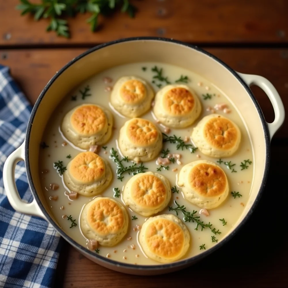 Overhead view of a Texas Hill Country wooden table set with two bowls of chicken and dumplings, fresh-baked cornbread on the side, blue-checked napkins