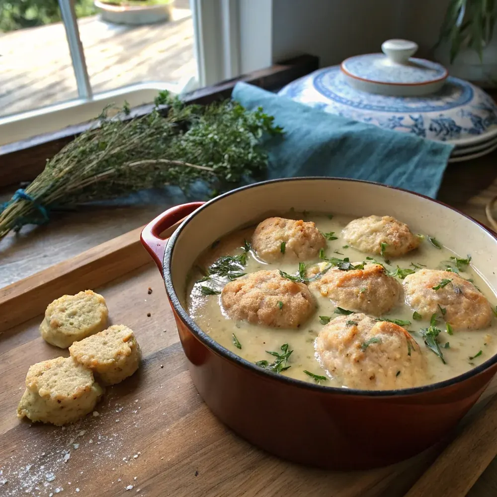 Overhead view of a Texas Hill Country wooden table set with two bowls of chicken and dumplings, fresh-baked cornbread on the side, blue-checked napkins
