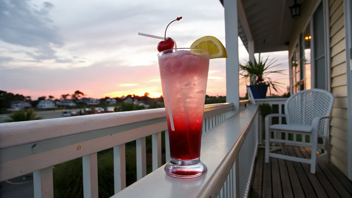 Pink sunset drink in a tall glass on a porch railing at dusk, deep red grenadine layer at the bottom fading to pale pink at the top, lemon wheel and cherry garnish