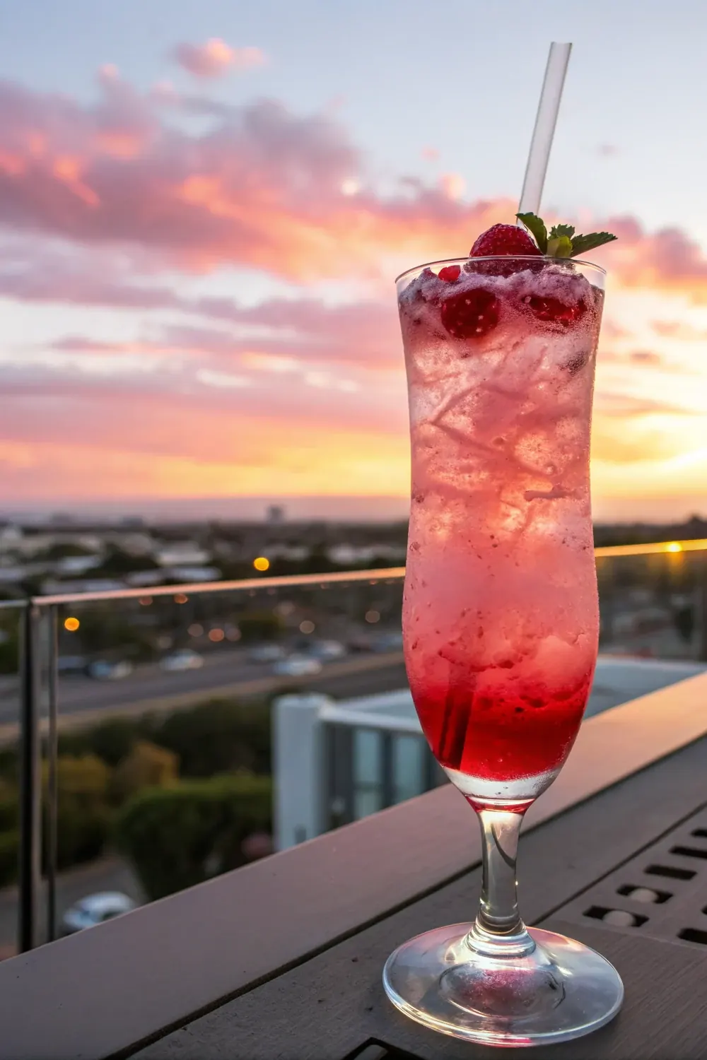 Vertical photo of a pink sunset drink with red to pink ombre layers in a tall glass against an evening sky, save this easy layered vodka cocktail recipe